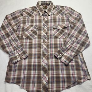 Vintage Mens Open Range Western Shirt Pearl Snap Long Sleeve Plaid Medium Tan